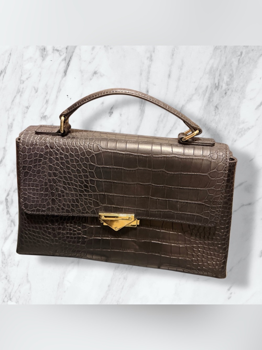 Kate Landry Croc-Embossed Top Handle Bag in Black with Gold Hardware